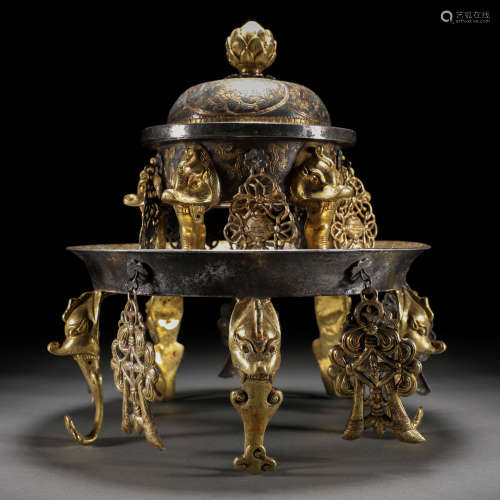 A Chinese Silver Partly Gilt Incense Burner