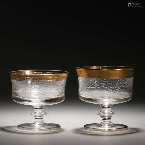 Pair Chinese Carved Rock Crystal Glasses
