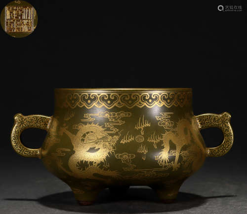 A Chinese Tea-dust Glaze and Gilt Censer with Double Handles