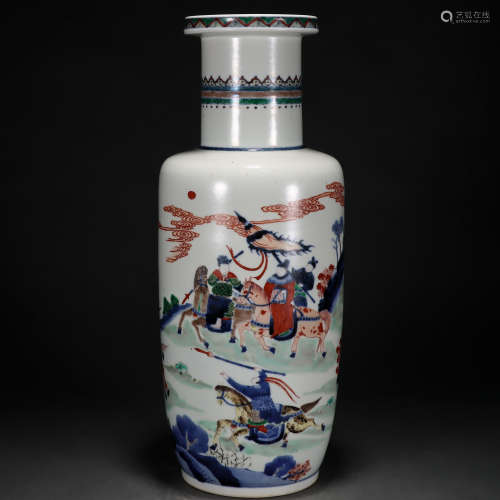 A Chinese Famille Verte Figural Story Rouleau Vase