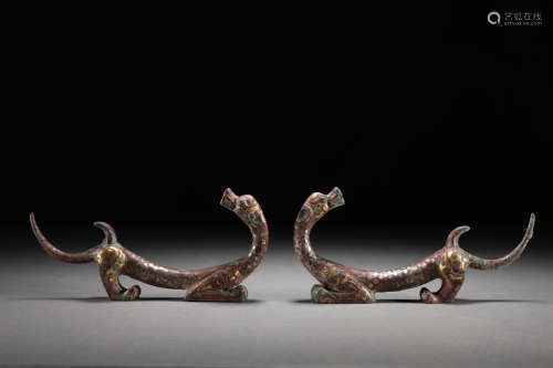 Pair Chinese Gold and Silver Inlaid Bronze Dragons