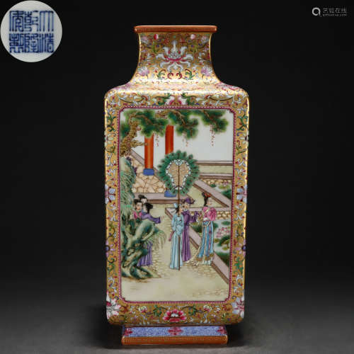A Chinese Famille Rose and Gilt Squared Vase