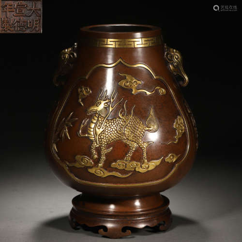 A Chinese Bronze Partly Gilt Zun Vase