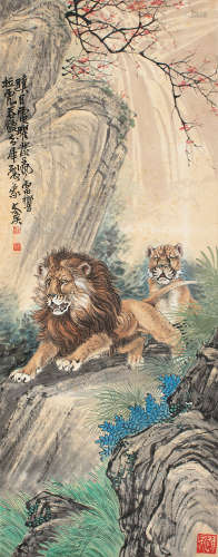 1895～1961 朱文侯  飞瀑雄狮 设色纸本 立轴
