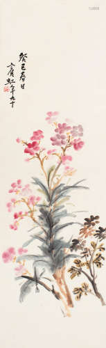 1865～1955 黄宾虹 1953年作 海棠盛开 设色纸本 立轴