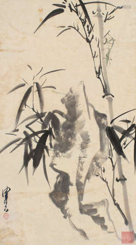 1923～2020 陈佩秋  竹石螳螂 设色纸本 立轴