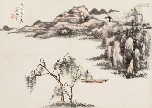 1865～1955 黄宾虹  溪江泛舟 设色纸本 立轴