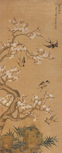 1633～1690 恽寿平  杏林联燕 设色绢本 立轴