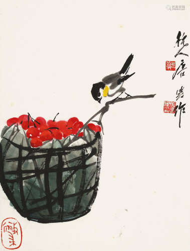 1910～1993 唐云  樱桃雏鸟 设色纸本 立轴