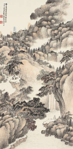 1865～1949 萧俊贤 1944年作 陡壑密林 设色纸本 立轴