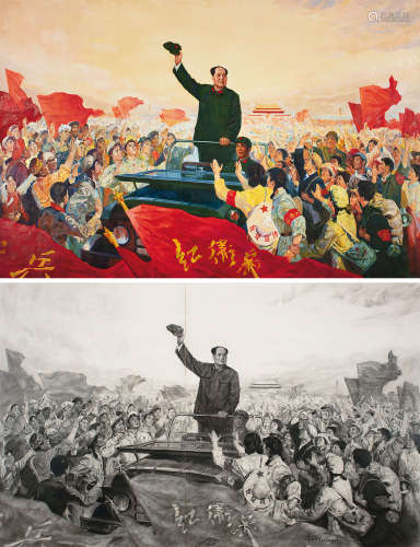 b.1942 蔡江白  伟大领袖毛主席（两幅） 布面油画 镜片 素描 镜框