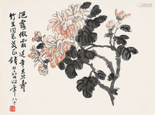 1899-1985 钱松嵒  傲菊 设色纸本 镜片