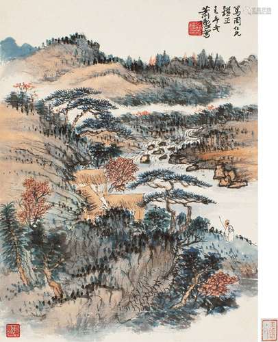 1883-1944 萧愻 1942年作 秋山策杖 设色纸本 立轴