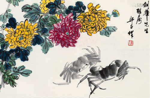 1918-2010 娄师白  菊蟹图 设色纸本 立轴