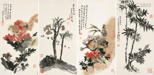 1921～2007 程十发 2003年作 花卉四屏 水墨 设色纸本 镜片