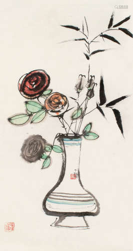 1921～2007 程十发  瓶花 设色纸本 镜框