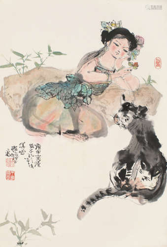 1921～2007 程十发 1980年作 少女戏猫图 设色纸本 立轴
