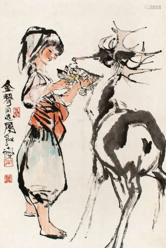 1921～2007 程十发  少女与鹿 设色纸本 镜框
