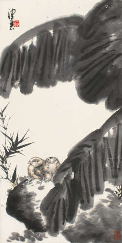 1923～2020 陈佩秋  芭蕉小鸟 设色纸本 立轴