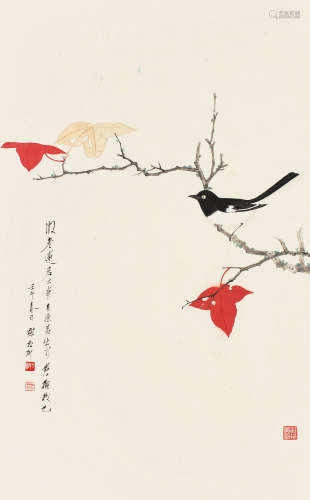 1910～1997 谢稚柳 1942年作 红叶小鸟 设色纸本 镜片