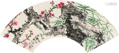 1910～1997 谢稚柳 1985年作 竹石红梅 设色纸本 镜框