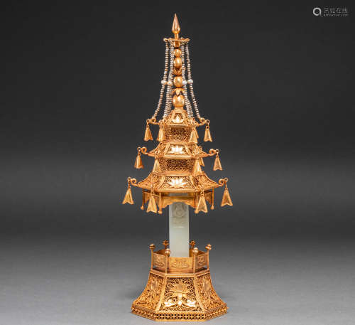 Chinese pagoda inlaid with gilt jade