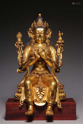 Sitting bronze gilt statue of Maitreya Buddha from Qing Dyna...