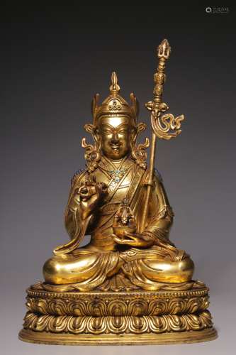 Bronze gilt statue of a lotus Sheng Dashi seated in Qing Dyn...