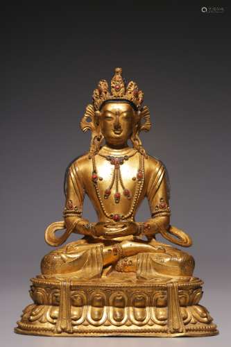 Sitting bronze gilt statue of Longevity Buddha from Qing Dyn...