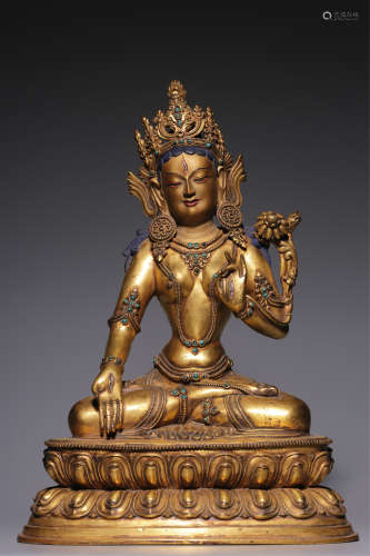 Qing Dynasty gilt copper inlaid with treasure white Tara