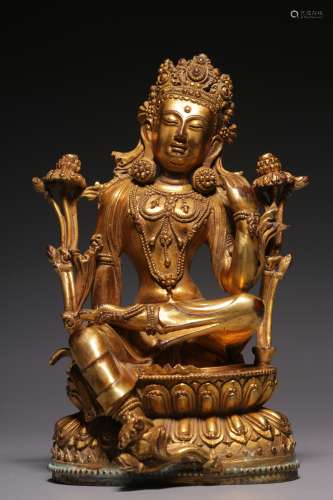 Bronze gilt gold green seated Tara from the Qing Dynasty