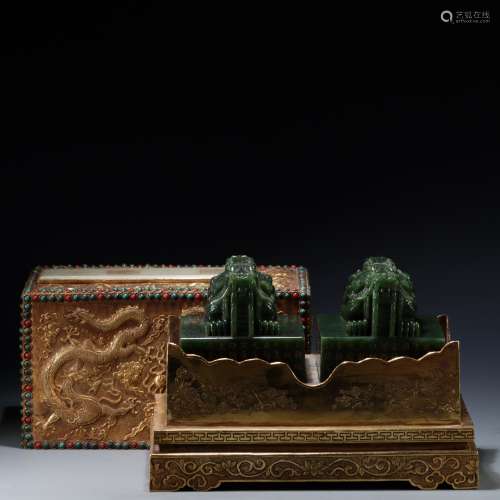 And Tian jade silver gilt gold box set a pair of jasper seal