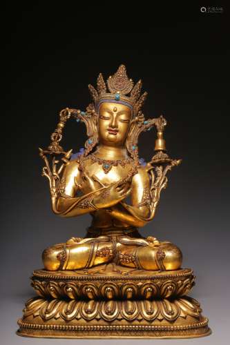 Qing Dynasty bronze gilt gold inlaid with treasure King Kong...