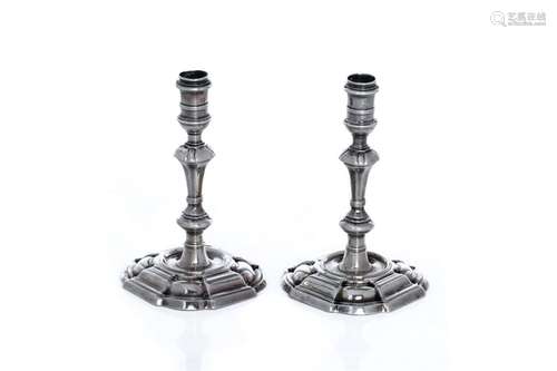 PAIR OF GEORGE II CASTE SILVER TAPER STICKS, 202g