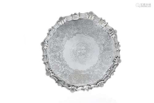 GEORGE II ENGLISH SILVER SALVER, 1,381g