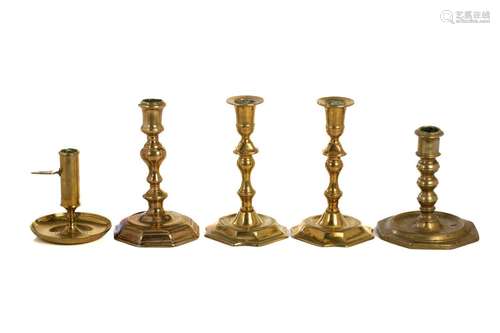 FIVE EARLY ANTIQUE SINGLE BRASS CANDLESTICKS