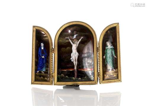 FRENCH ENAMEL TRIPTYCH ICON IN FITTED BRONZE FRAME