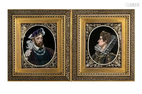 PAIR OF GILTWOOD FRAMED LIMOGES ENAMEL PORTRAITS