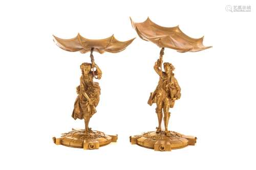 PAIR OF GILT BRONZE FIGURES HOLDING UMBRELLAS