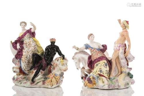 PAIR 18th C CONTINENTAL PORCELAIN FIGURAL GROUPS