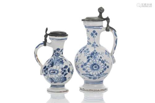 TWO 18th C DELFT EWERS WITH PEWTER MOUNTS