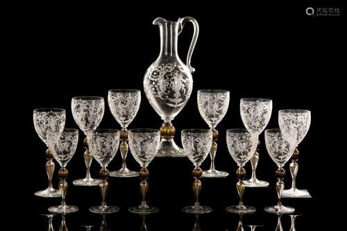 TWELVE CENEDESE ETCHED WINE GLASSES & PITCHER