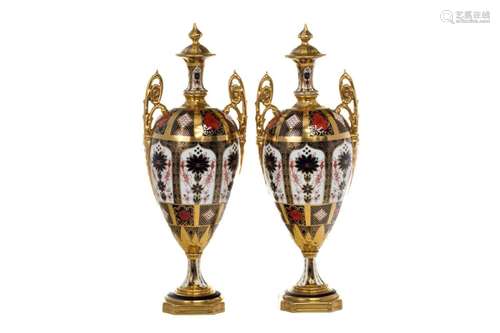 PAIR OF ROYAL CROWN DERBY IMARI PORCELAIN URNS