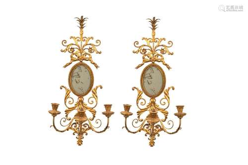 PAIR OF GILT BRASS MIRRORED WALL SCONCES