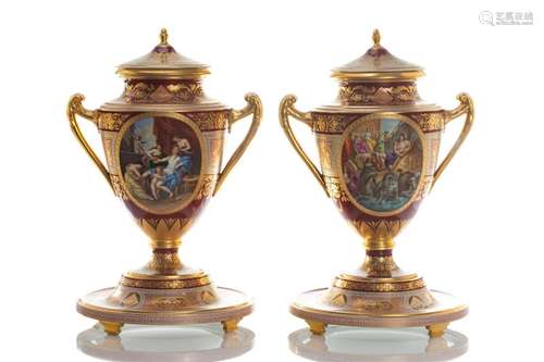 PAIR OF FINE VIENNA PORCELAIN URNS ON STANDS