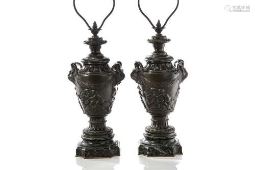 FRENCH CAST BRONZE URNS AS LAMPS