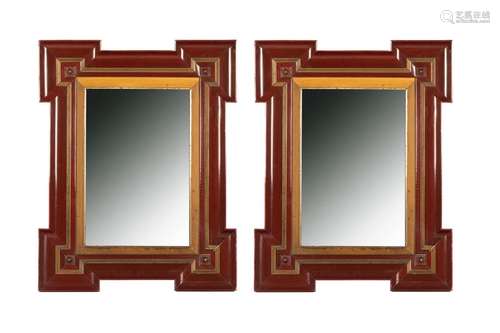 PAIR OF RED STAINED FRAMED MIRRORS