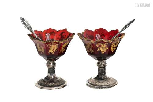 PAIR OF 19th C BOHEMIAN RUBY GLASS OPEN SALTS