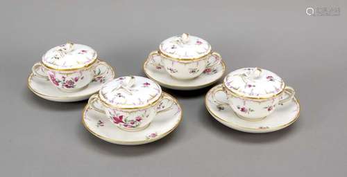 Four soup cups with saucers and lid