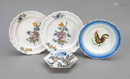 Three faience plates and a hexagona